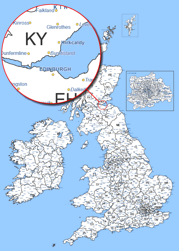 uk postcode area map including towns