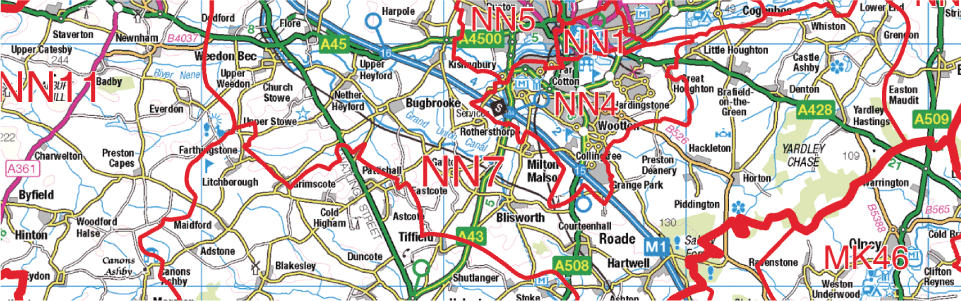 ordnance survey 250k raster map with postcode boundaries