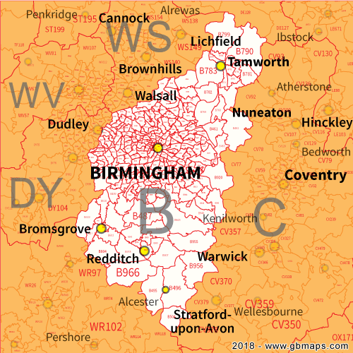 B Birmingham Postcode Sector Map 